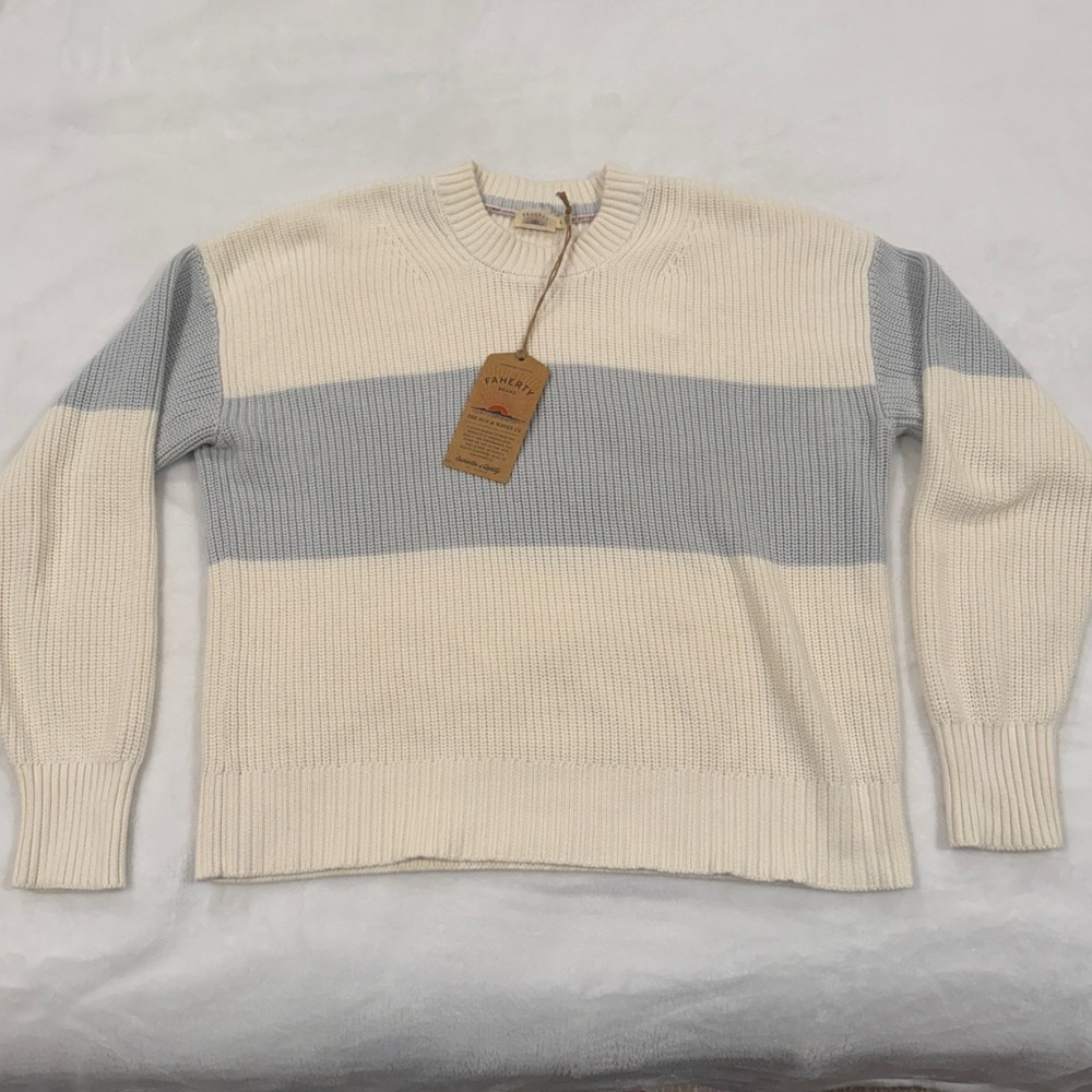 Faherty Cream and Light Blue Striped Crewneck Sweater